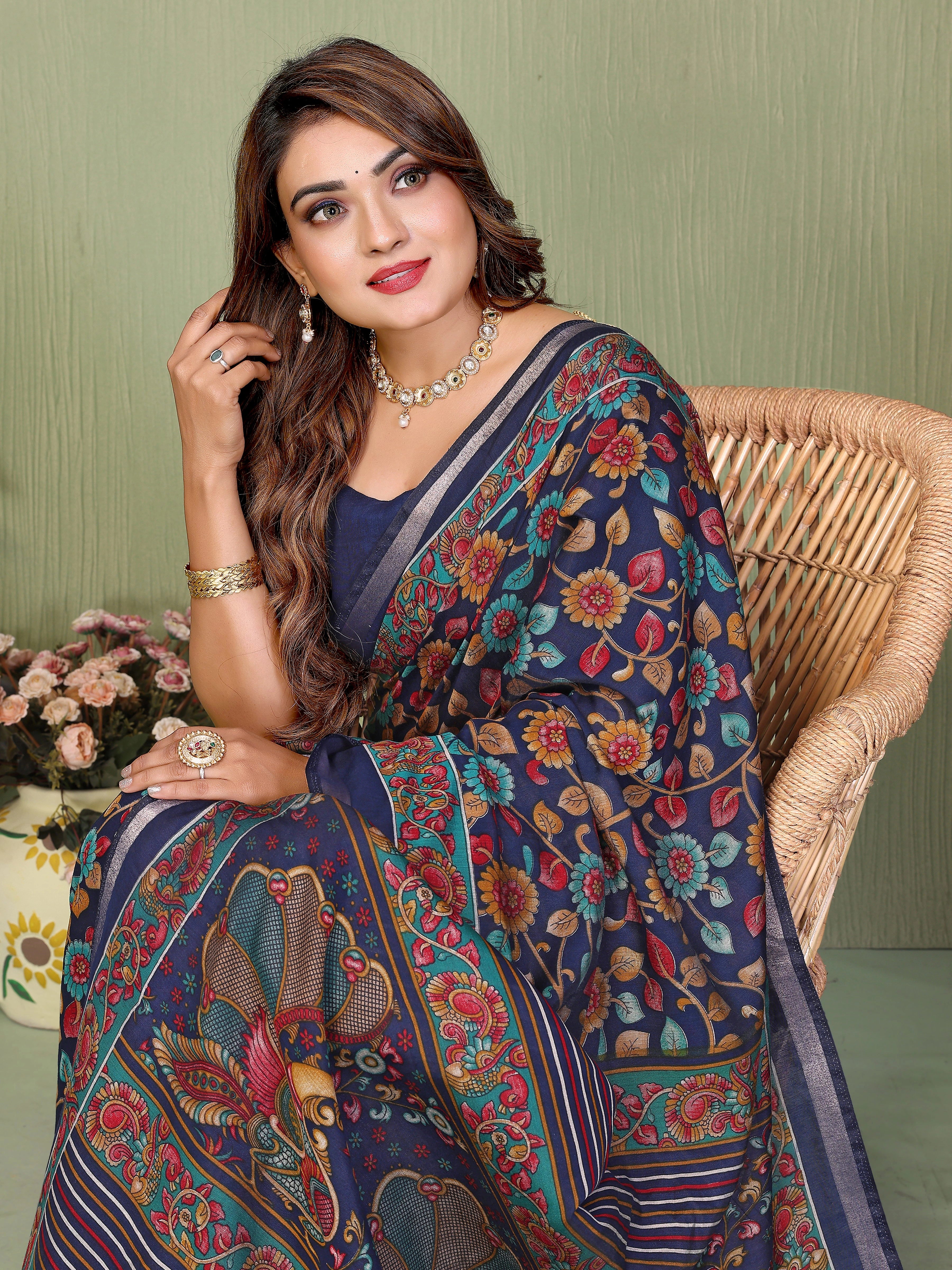 Navy Blue Kalamkari Print Mul Cotton Saree - kalyanja